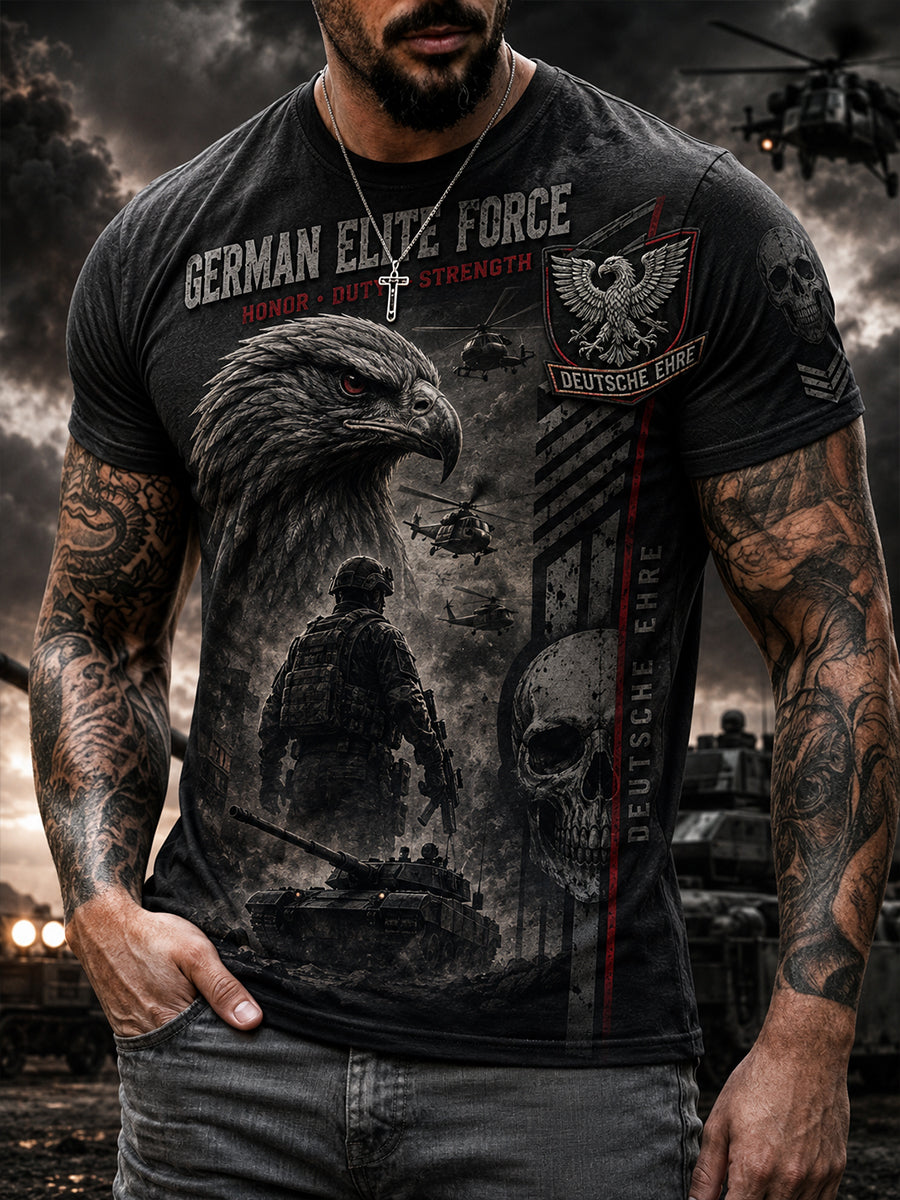Herren-T-Shirt mit kurzen Ärmeln und Vintage-Print im Militärstil
