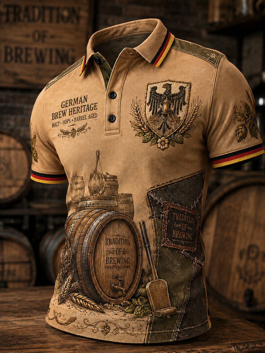 Herren-Poloshirt mit kurzen Ärmeln und vintage Biermotiv-Print