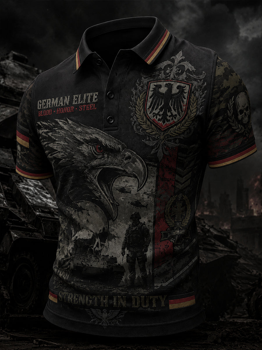 Herren-Poloshirt mit kurzen Ärmeln und Vintage-Print im Militärstil
