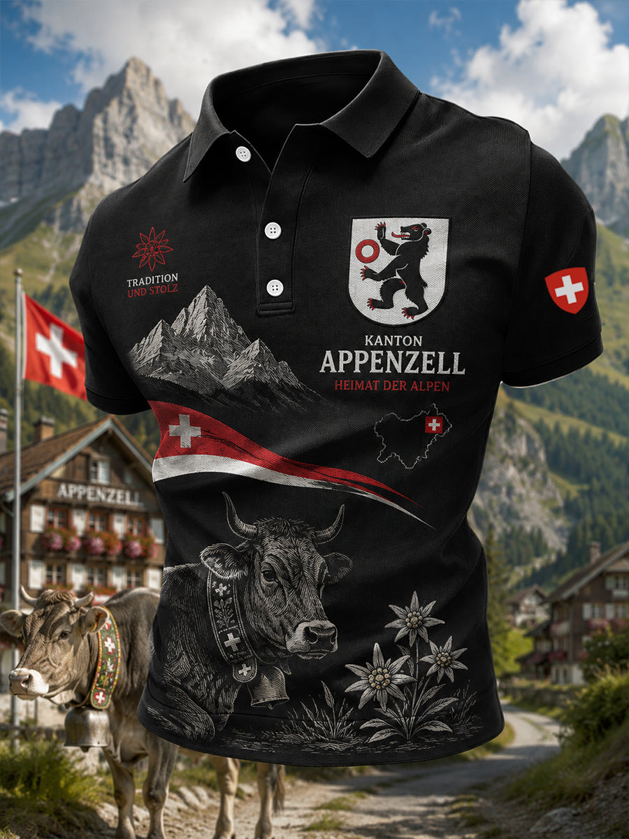 Herren-Poloshirt mit kurzen Ärmeln und urbanem, erinnerungsträchtigem Grafikdruck