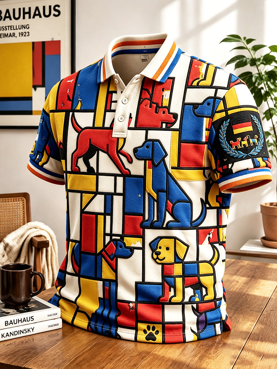 Herren-Poloshirt im deutschen Bauhaus-Stil mit geometrischem Patchwork und Welpenmuster, lässig geschnitten