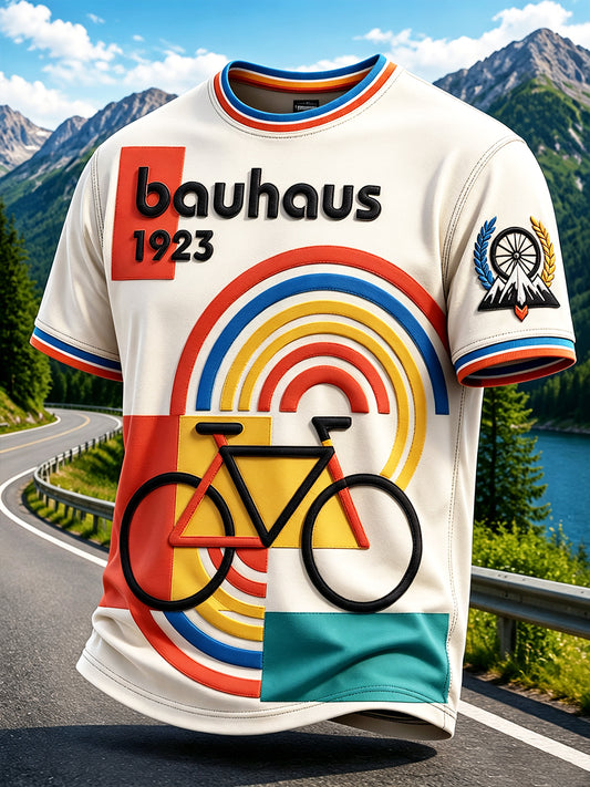 Herren-T-Shirt im deutschen Bauhaus-Stil mit geometrischem Kunst- und Fahrraddruck, lässig geschnitten