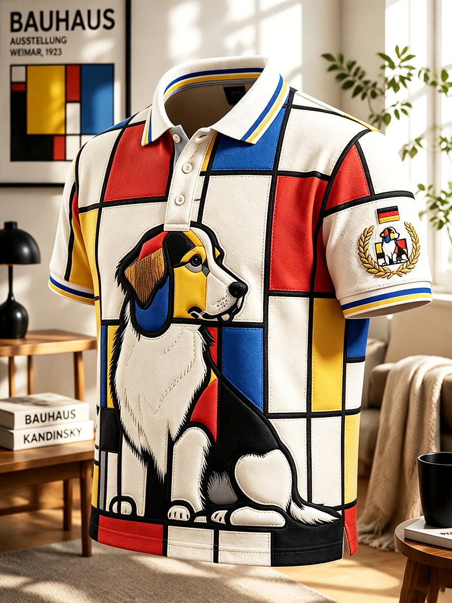 Herren-Poloshirt im deutschen Stil mit geometrischem Patchwork und Welpenmuster, lässig geschnitten
