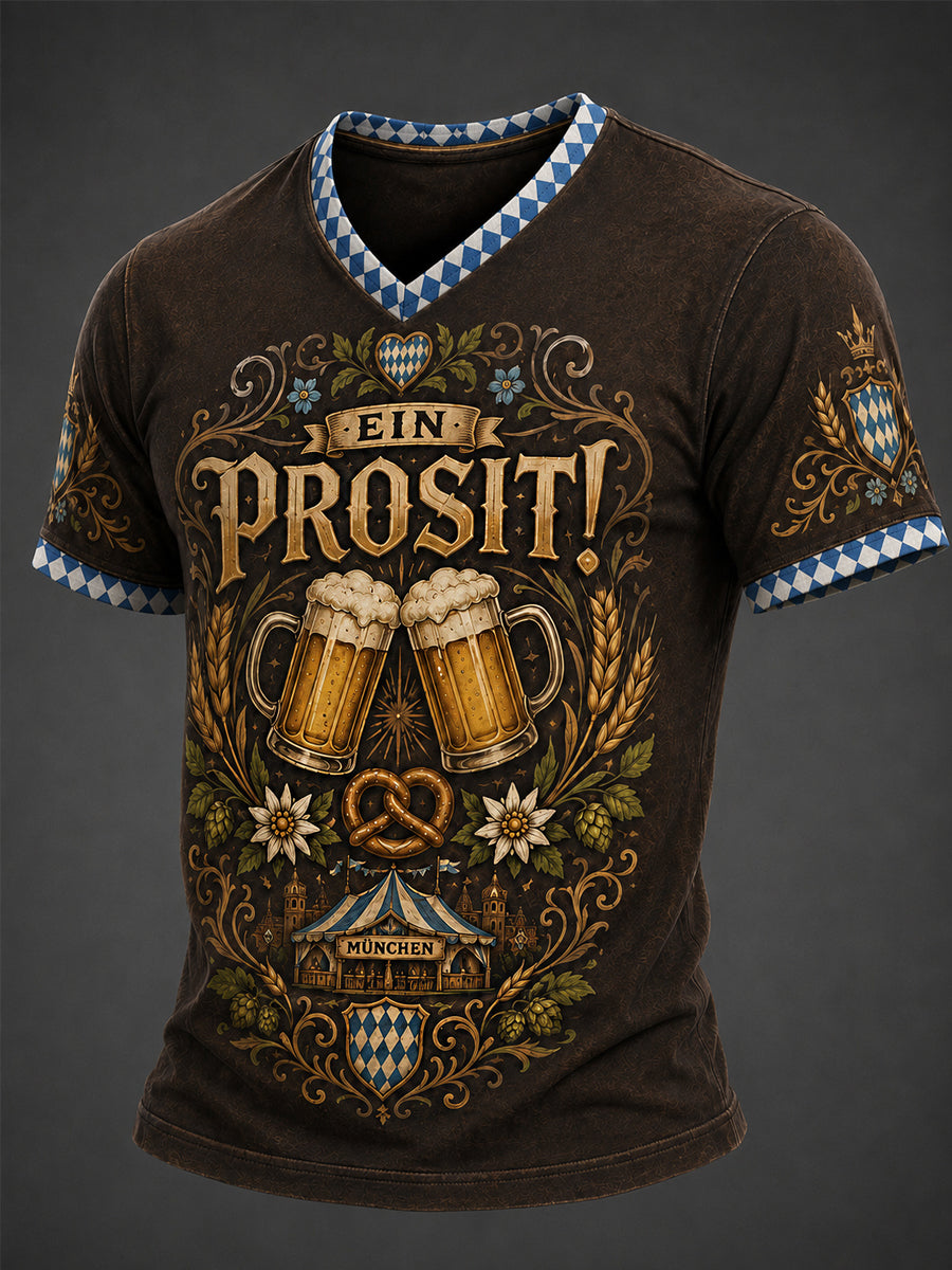 Herren-Oktoberfest Prost! Bedrucktes Freizeit-T-Shirt mit V-Ausschnitt
