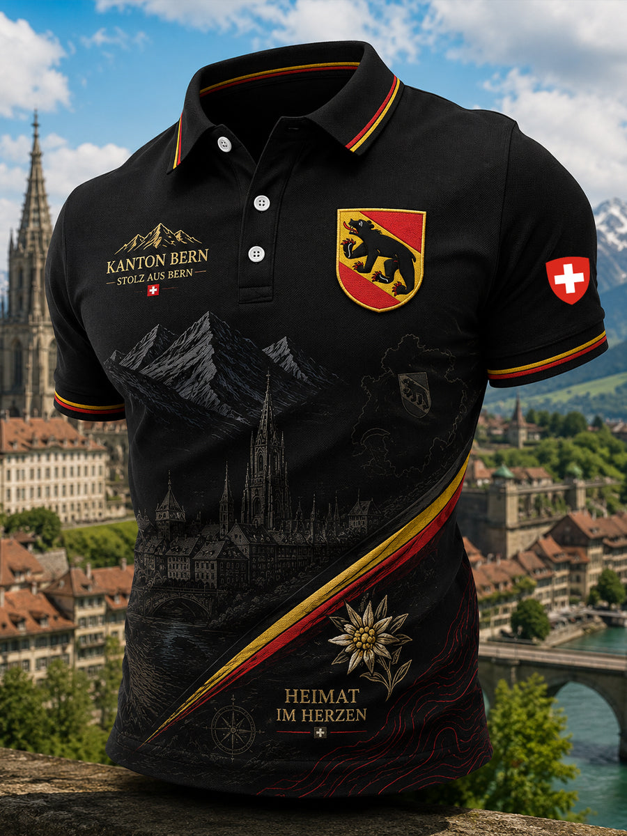 Herren-Poloshirt mit kurzen Ärmeln und urbanem, erinnerungsträchtigem Grafikdruck