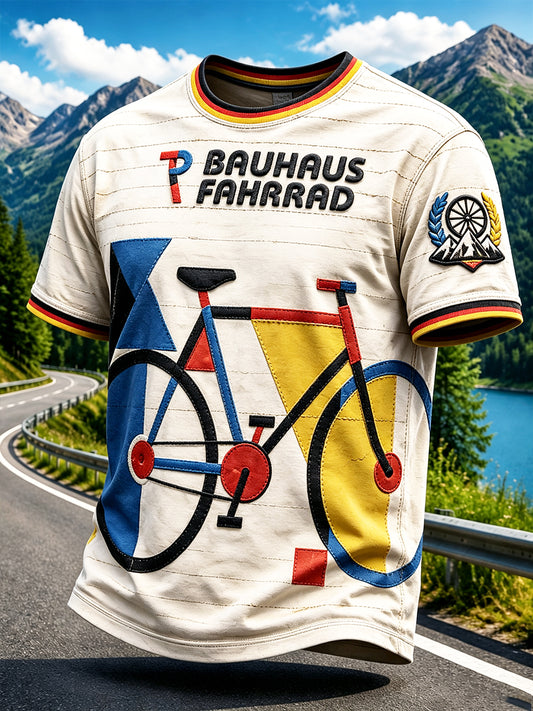 Herren-Casual-T-Shirt im deutschen Bauhaus-Stil mit geometrischem Kunst- und Patchwork-Radfahrerdruck
