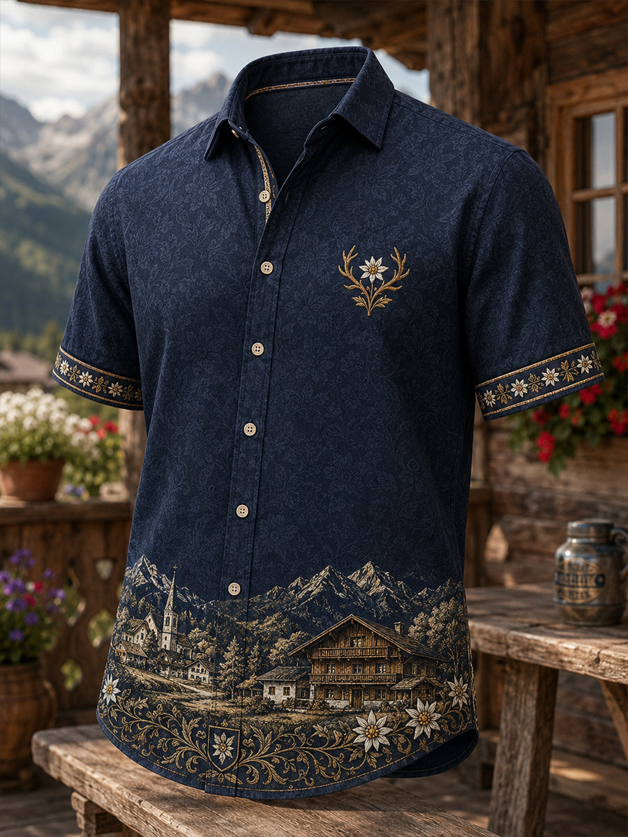 Herren-Hemd im österreichischen Landhausstil mit Kunstdruck und kurzen Ärmeln
