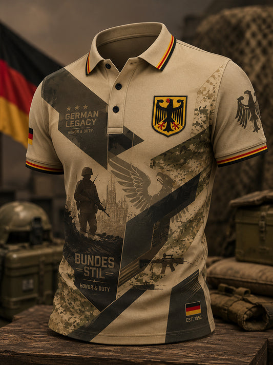Herren-Poloshirt mit kurzen Ärmeln und vintage Militär-Print