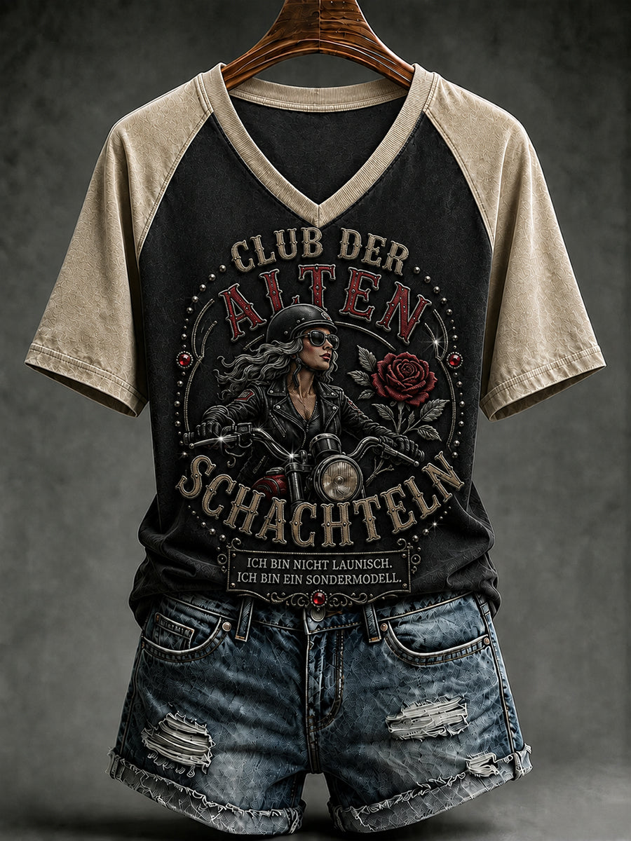 Frauen-T-Shirt mit witzigem Slogan-Print und V-Ausschnitt
