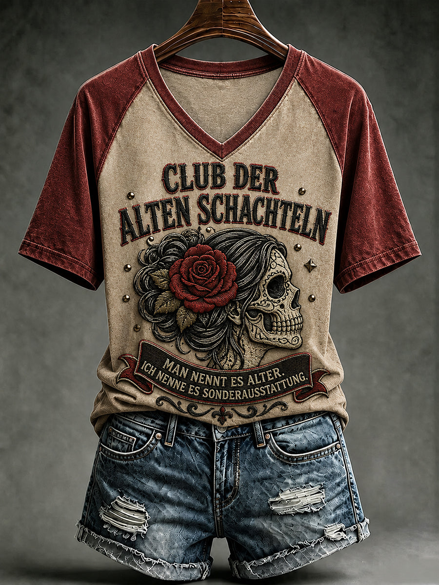 Frauen-T-Shirt mit witzigem Slogan-Print und V-Ausschnitt