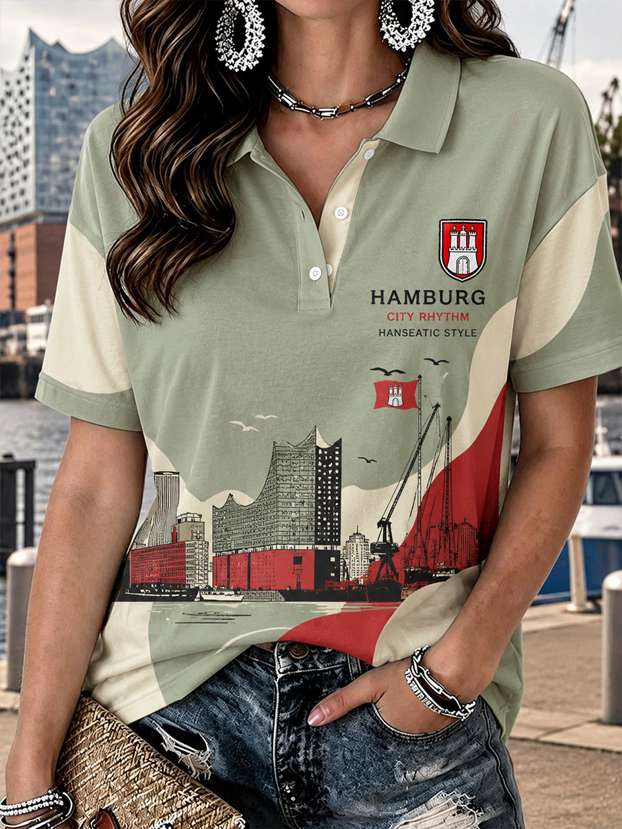 Damen-Poloshirt mit kurzen Ärmeln und grafischem Städte-Souvenir-Print