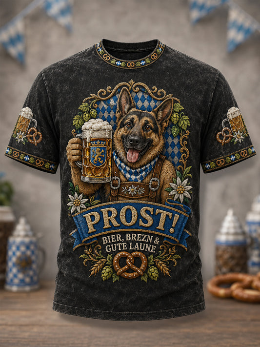 Herren Lustiger Deutscher Schäferhund Oktoberfest Prost! Bedrucktes Freizeit-T-Shirt