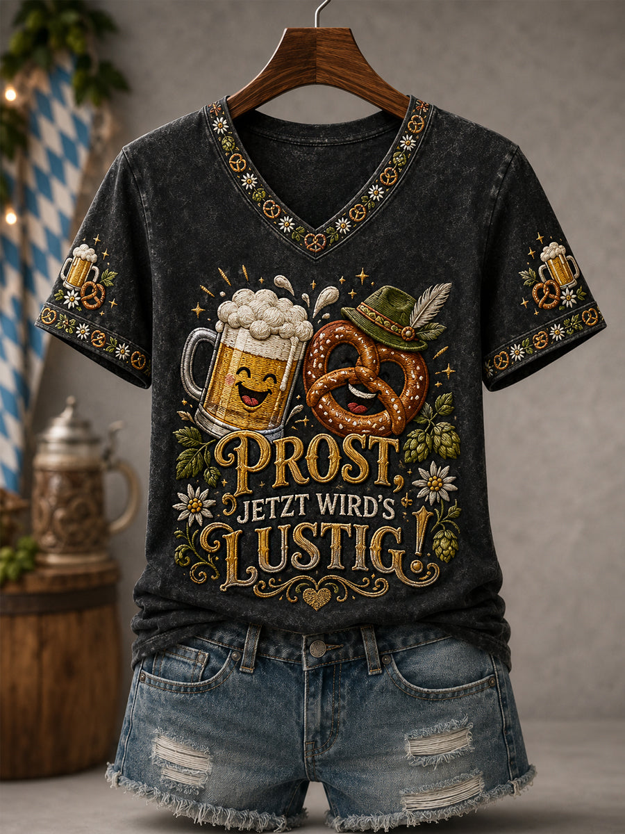 Frauen lustige Oktoberfest Prost! Bedrucktes Freizeit-T-Shirt mit V-Ausschnitt