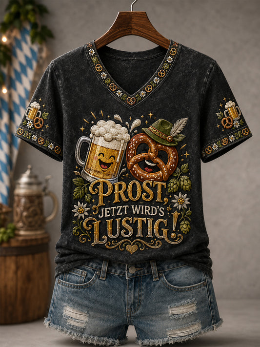 Frauen lustige Oktoberfest Prost! Bedrucktes Freizeit-T-Shirt mit V-Ausschnitt