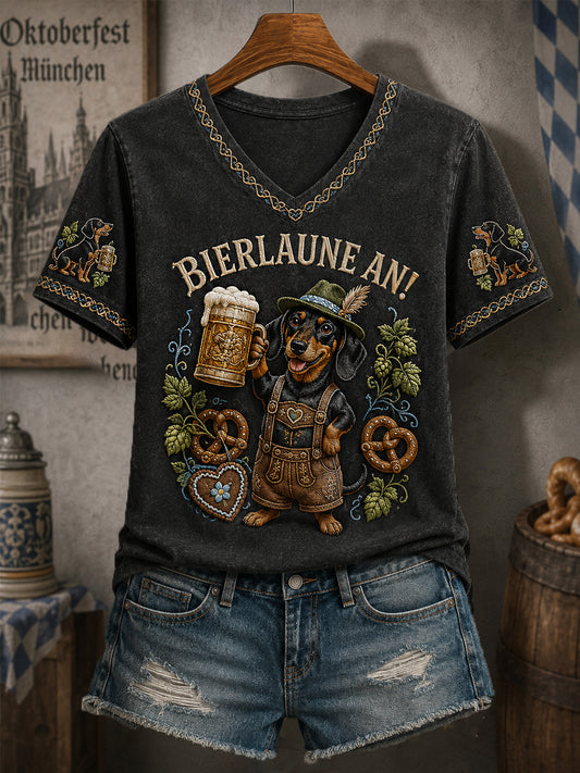 Frauen Lustiger Dackel Oktoberfest Prost! Bedrucktes Freizeit-T-Shirt mit V-Ausschnitt