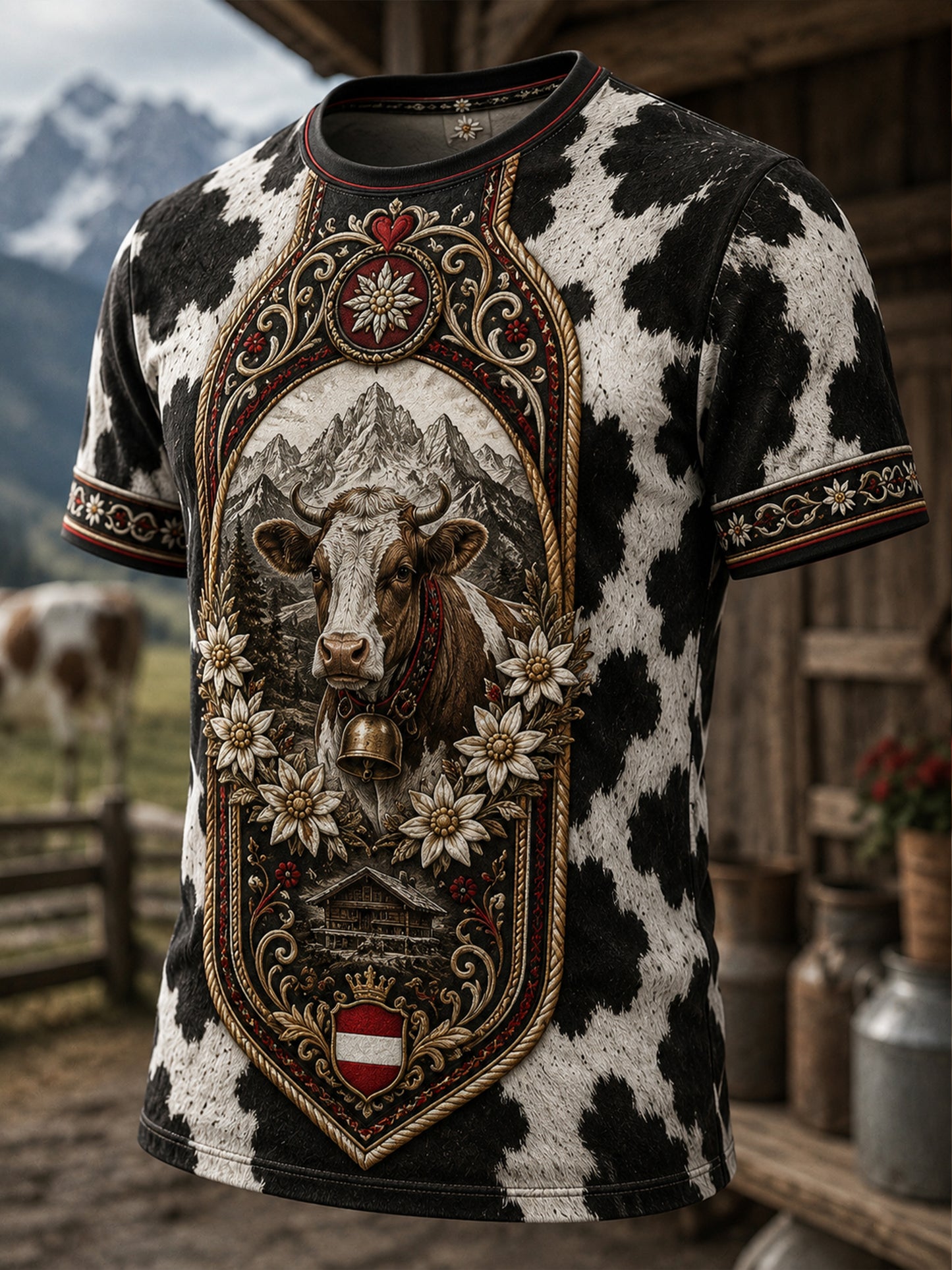 Herren-Casual-T-Shirt im österreichischen Landhausstil mit Kunstdruck