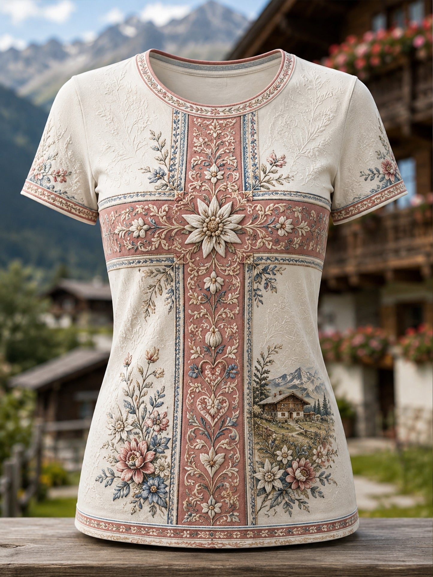 Frauen-T-Shirt im österreichischen Landhausstil mit Kunstdruck, lässig geschnitten