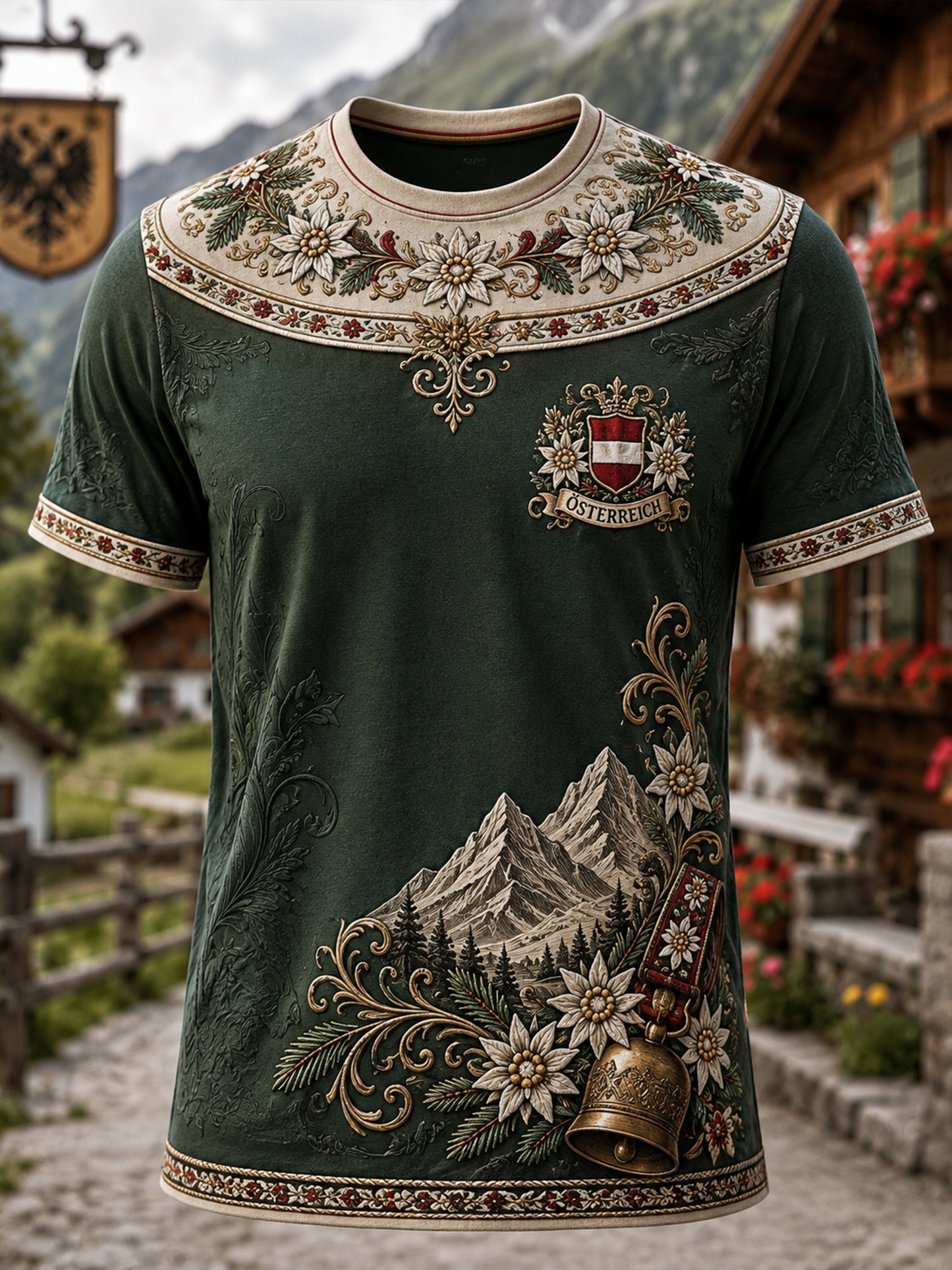 Herren-Casual-T-Shirt im österreichischen Landhausstil mit Kunstdruck