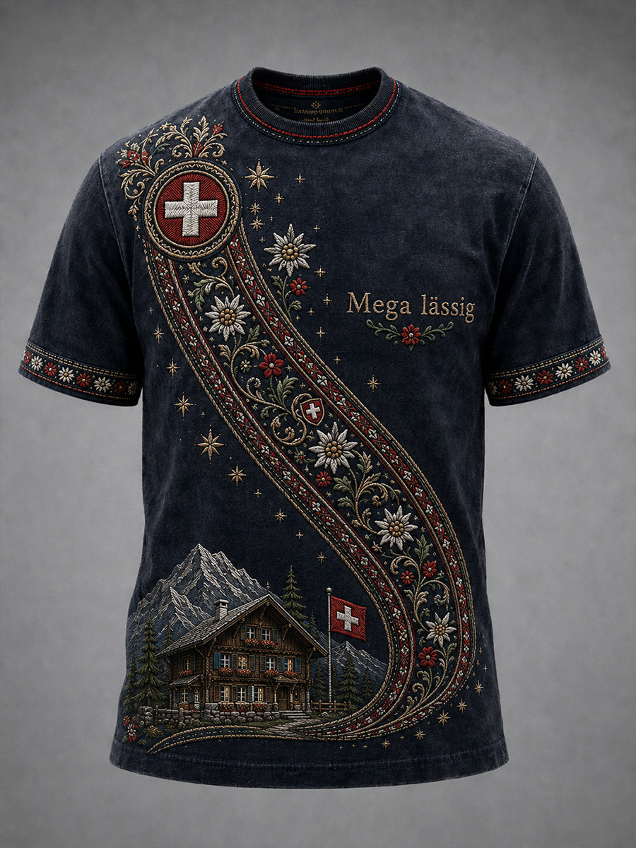 Herren-T-Shirt mit Schweizerdeutschem Slogan, Serie kulturelles Element, Kunstdruck