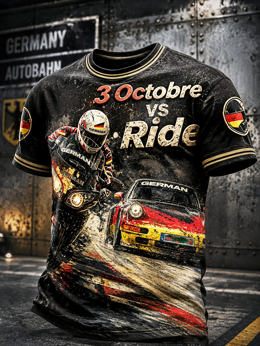 Herren schwarze deutsche Flagge 'Unification Day' Motorrad druck Cooles T-Shirt