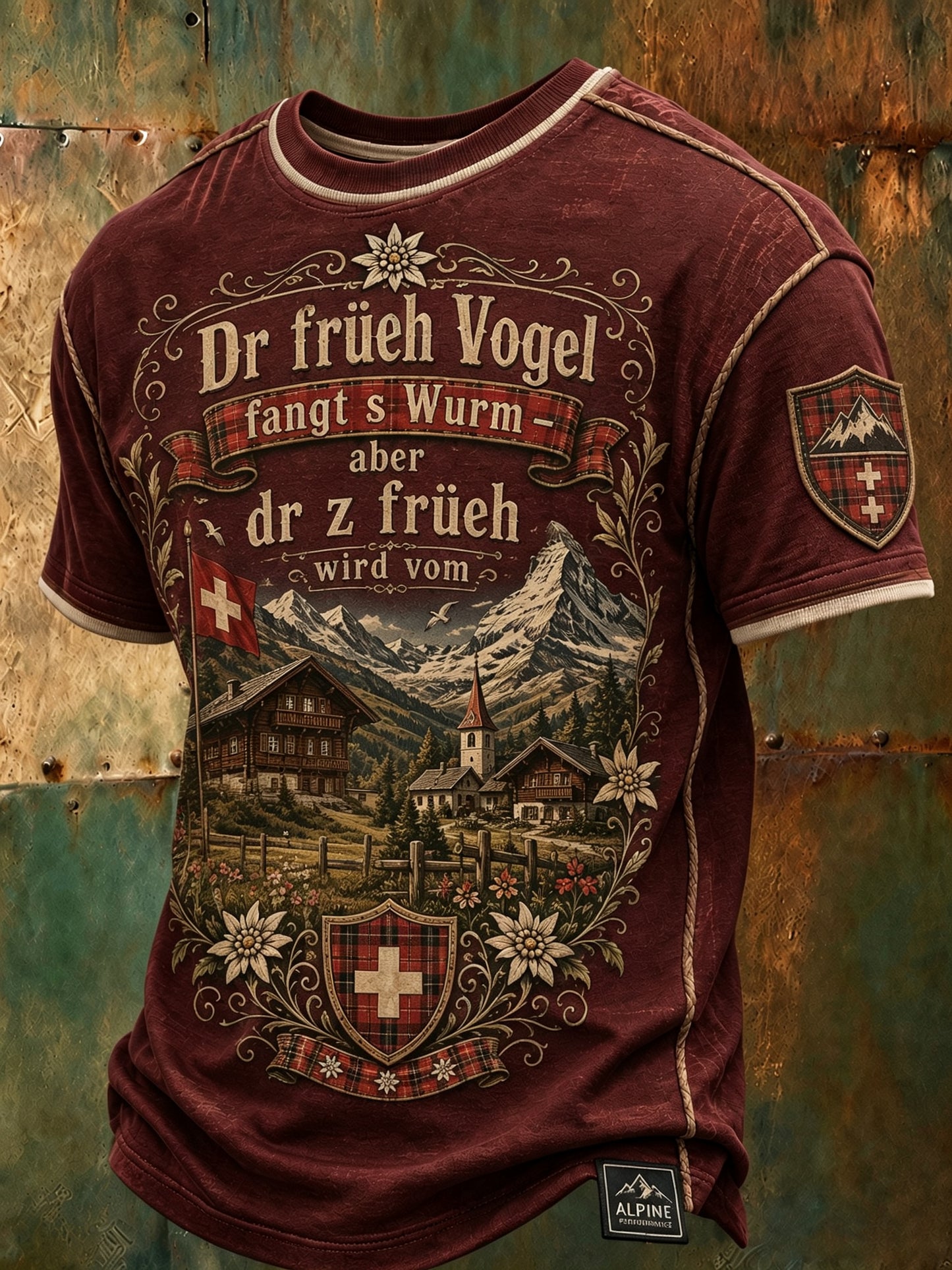 Herren-T-Shirt mit Schweizerdeutschem Slogan, Serie kulturelles Element, Kunstdruck