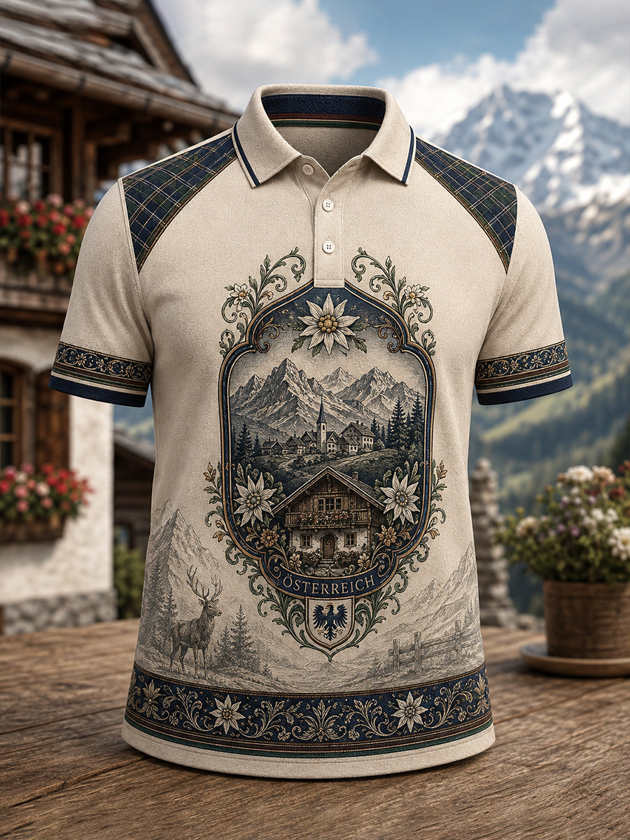 Herren-Kunstdruck im österreich ischen Country-Stil Lässiger Kurzarm-Polo