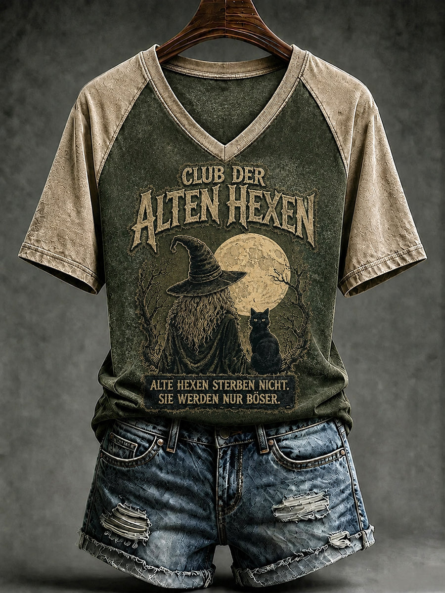 Frauen Lustiges Halloween-Print T-Shirt mit V-Ausschnitt