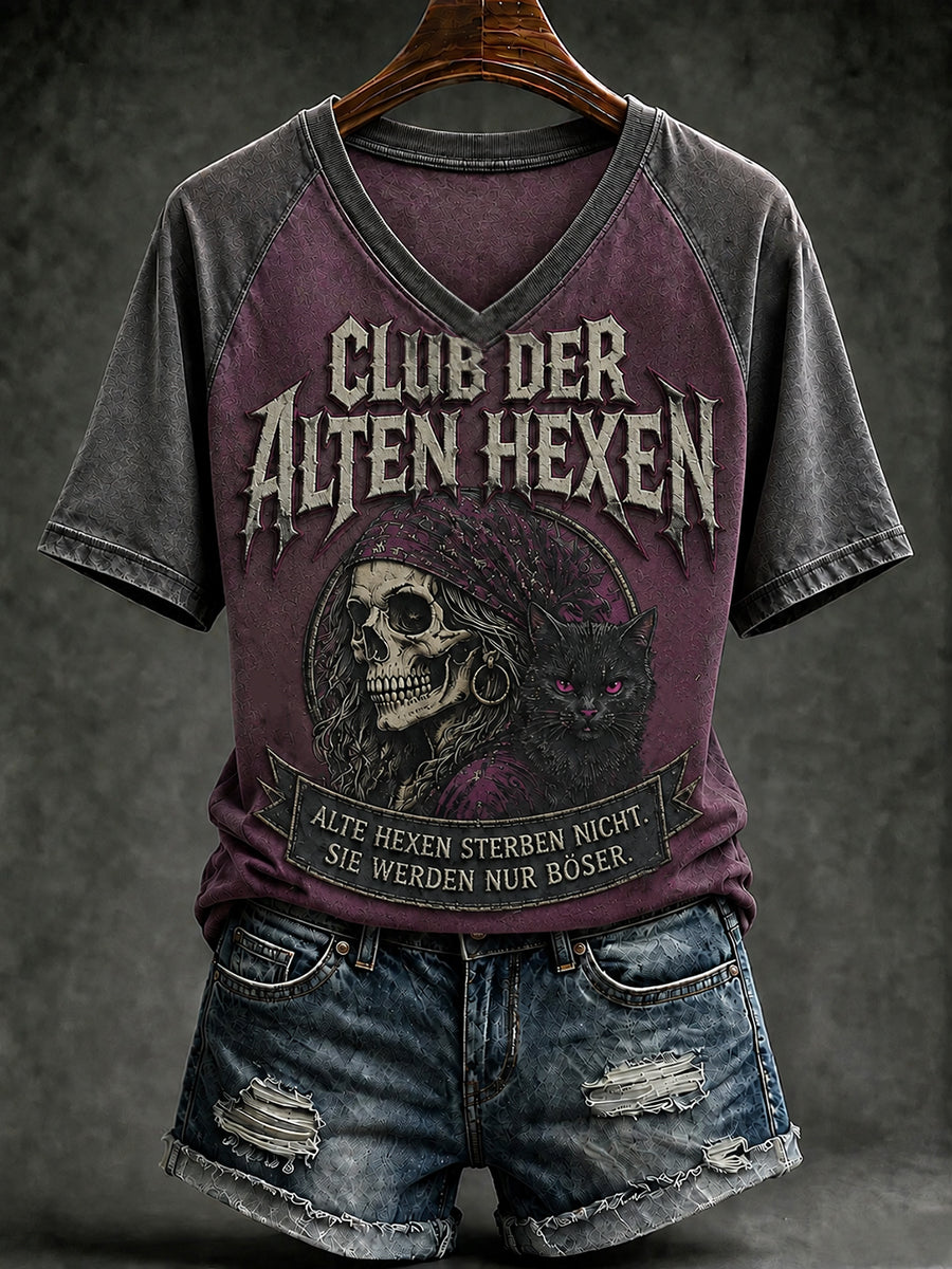 Frauen-T-Shirt mit witzigem Halloween-Print und V-Ausschnitt
