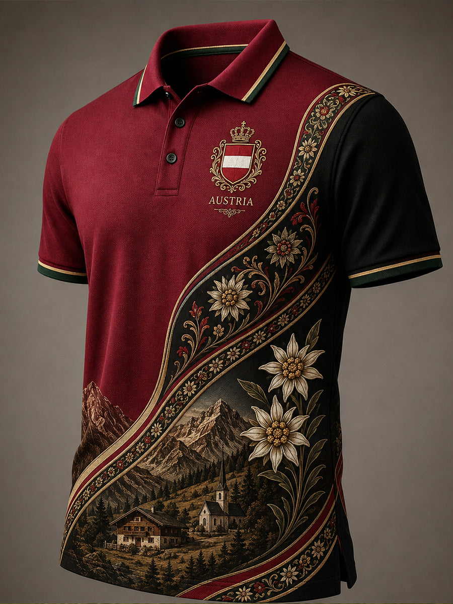 Herren-Poloshirt im österreichischen Landhausstil mit Kunstdruck, lässig, kurzärmelig