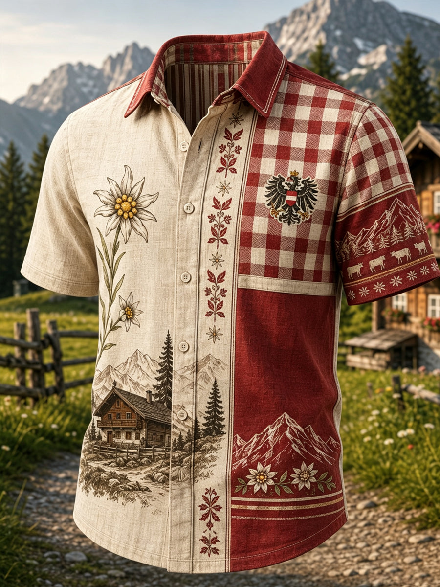 Herren-Hemd im österreichischen Landhausstil mit Kunstdruck, lässig, Kurzarm