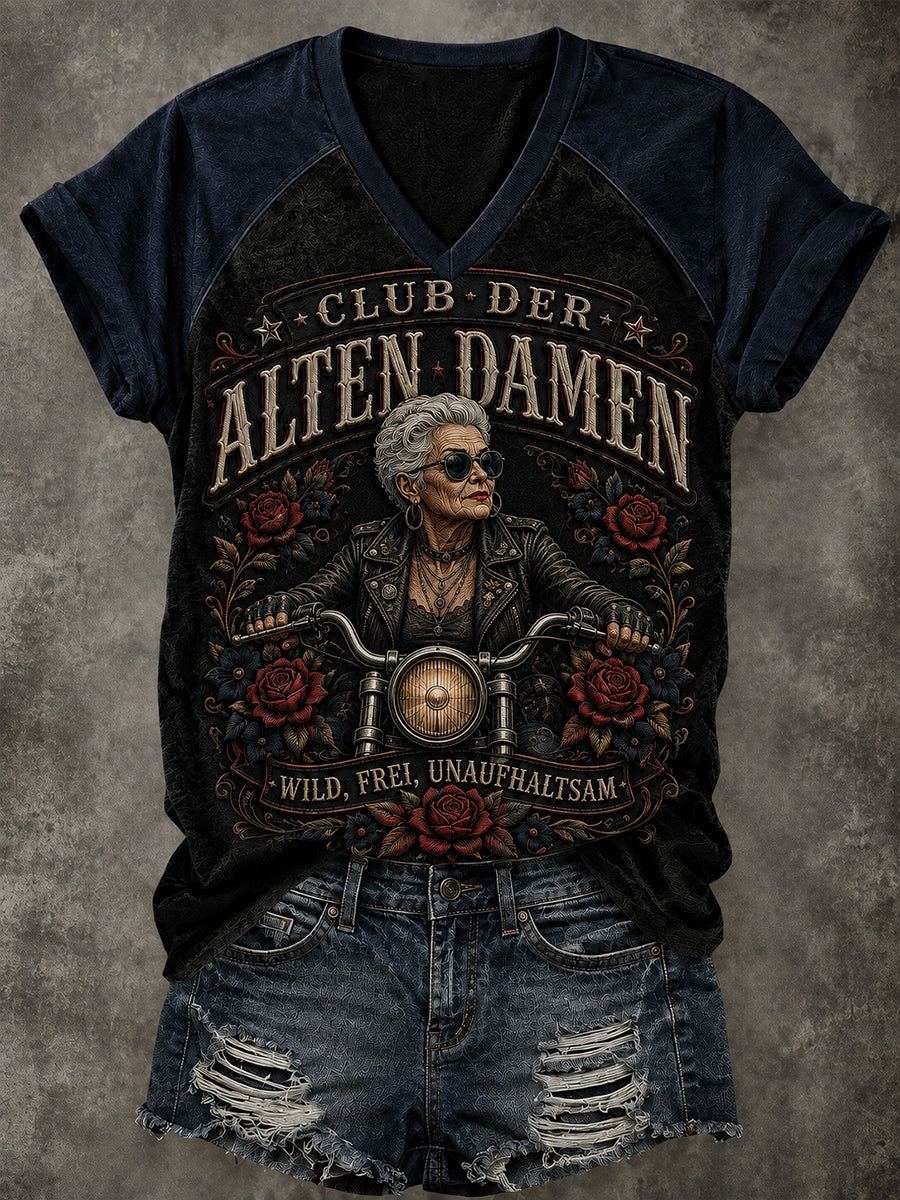 Damen-Vintage-Raglan-T-Shirt mit Slogan-Print, V-Ausschnitt und kurzen Ärmeln
