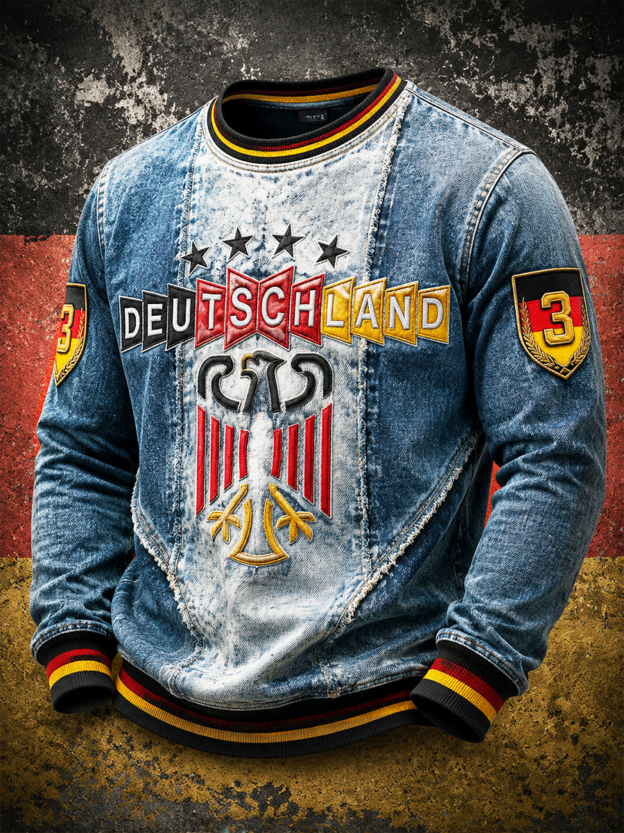 Herren-Retro-Denim-Casual-T-Shirt in Patchwork-Optik mit deutschem Print und langen Ärmeln