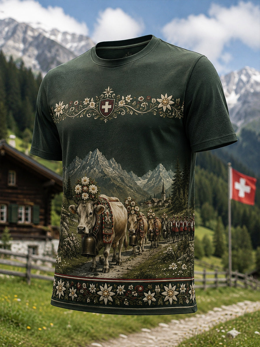 Kultursymbole des Schweizerischen Hirtenfestes für Herren – Künstlerischer Aufdruck auf lässigem T-Shirt