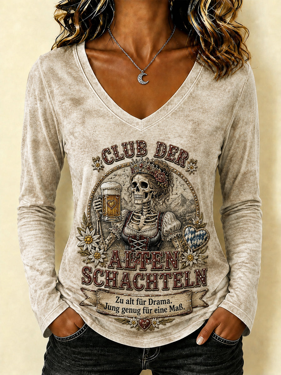 Frauen Lustiges Oktoberfest-Print V-Ausschnitt mit langen Ärmeln T-Shirt