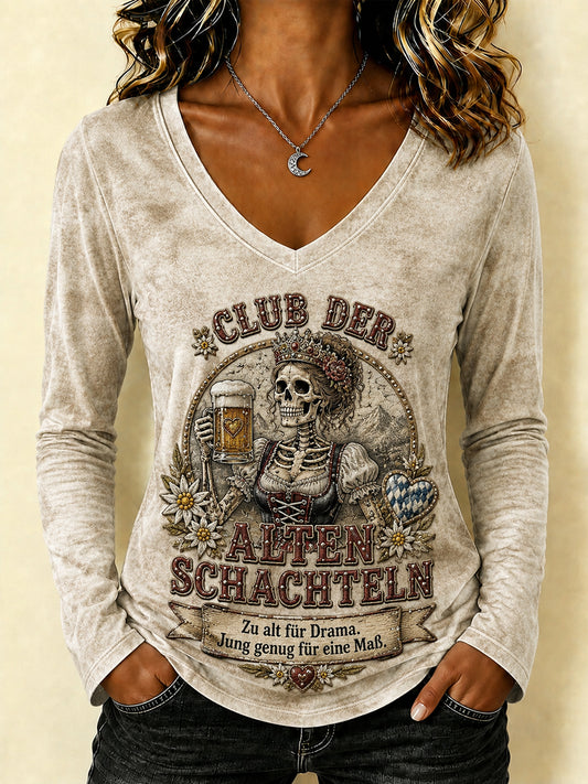 Frauen Lustiges Oktoberfest-Print V-Ausschnitt mit langen Ärmeln T-Shirt