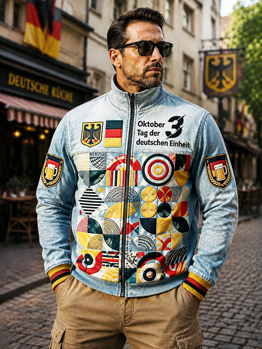 Herren-Bauhaus-Jacke aus Deutschland mit geometrischem Patchwork-Print und Reißverschluss für den Alltag