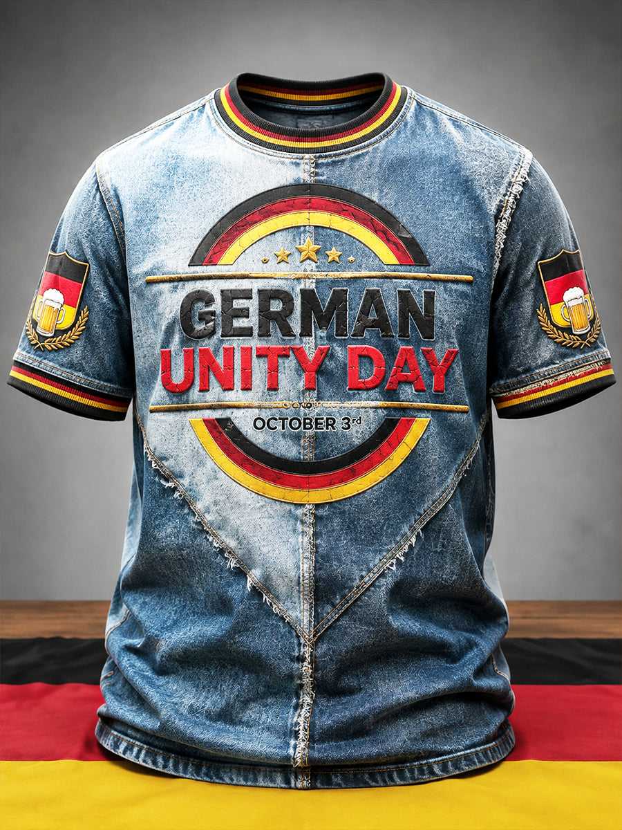 Herren-Retro-Denim-Patchwork-Casual-T-Shirt zum Tag der Deutschen Einheit