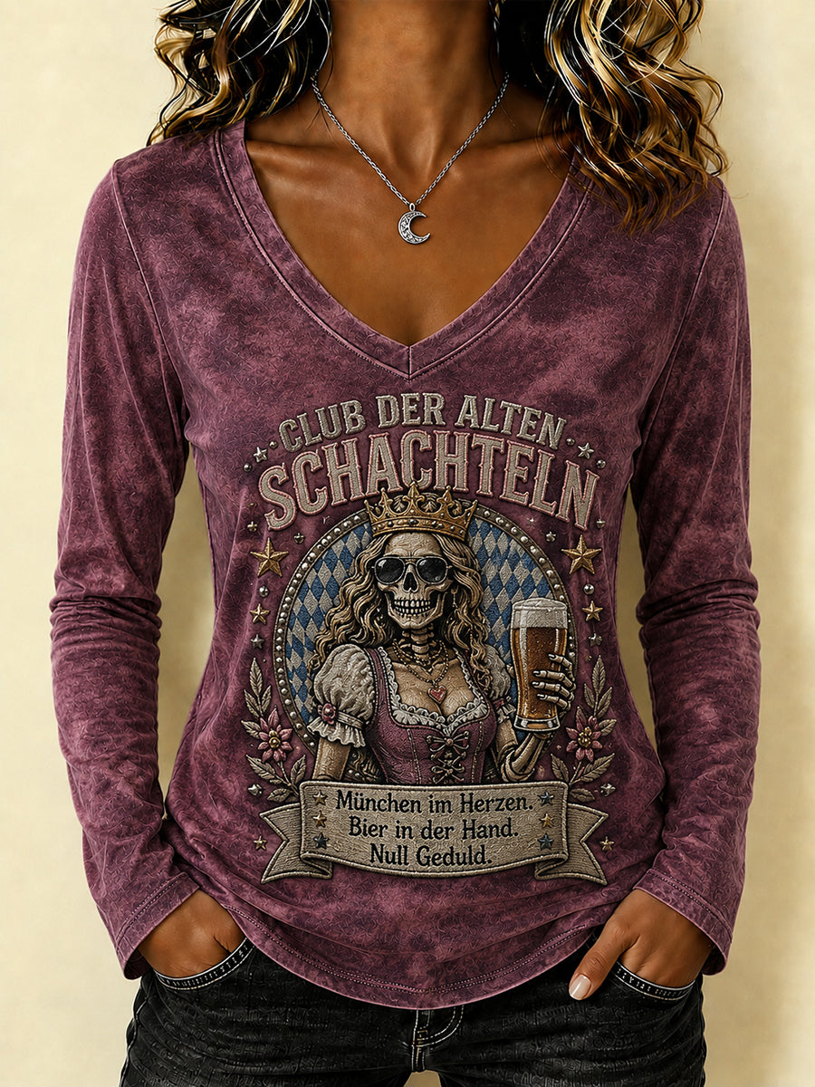 Frauen-Funny-Oktoberfest-Print T-Shirt mit V-Ausschnitt und langen Ärmeln
