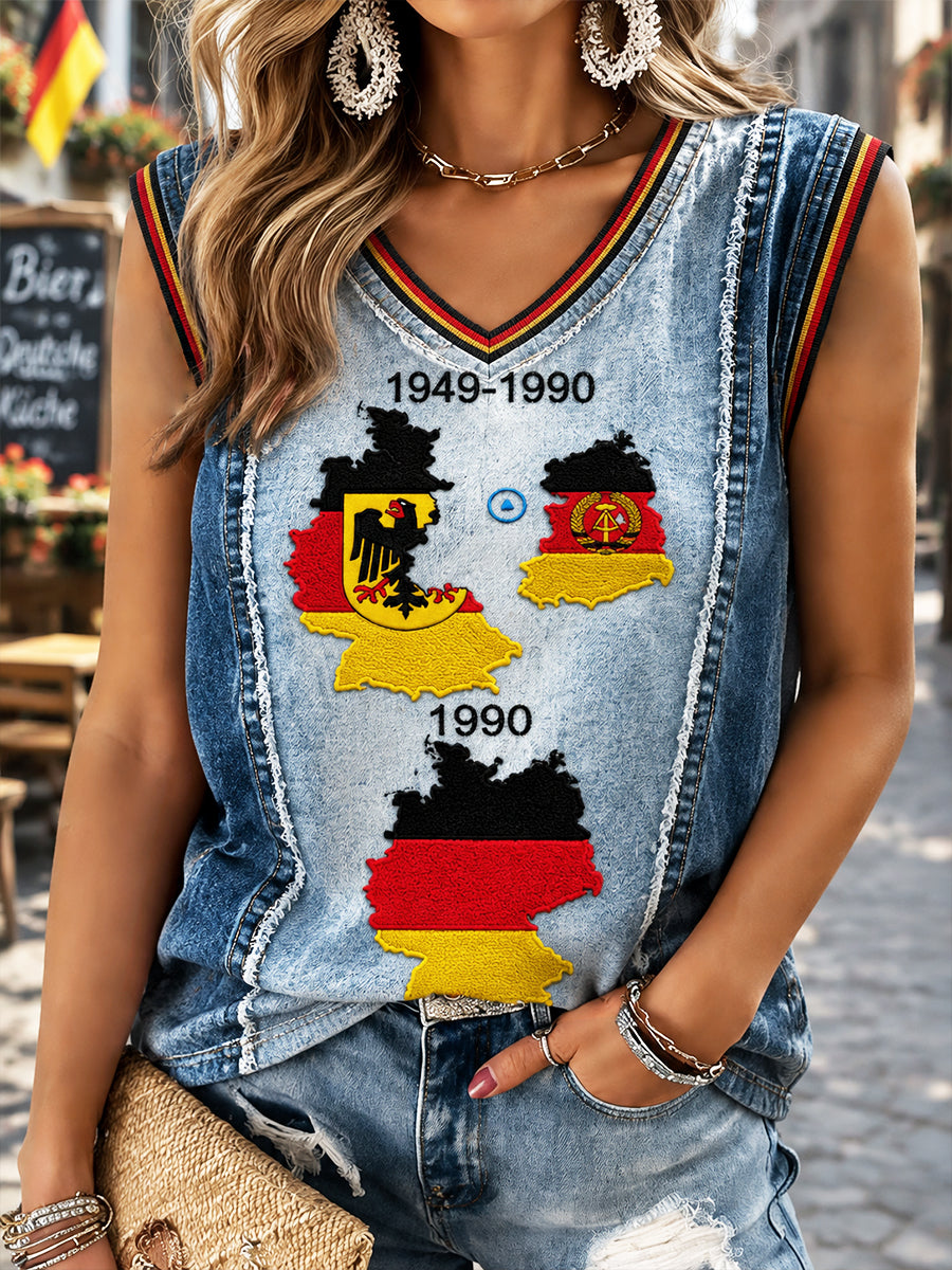 Damen-Jeansweste im Patchwork-Style mit V-Ausschnitt und Freudentag der deutschen Wiedervereinigung‑Print – lässiger Top‑Schnitt