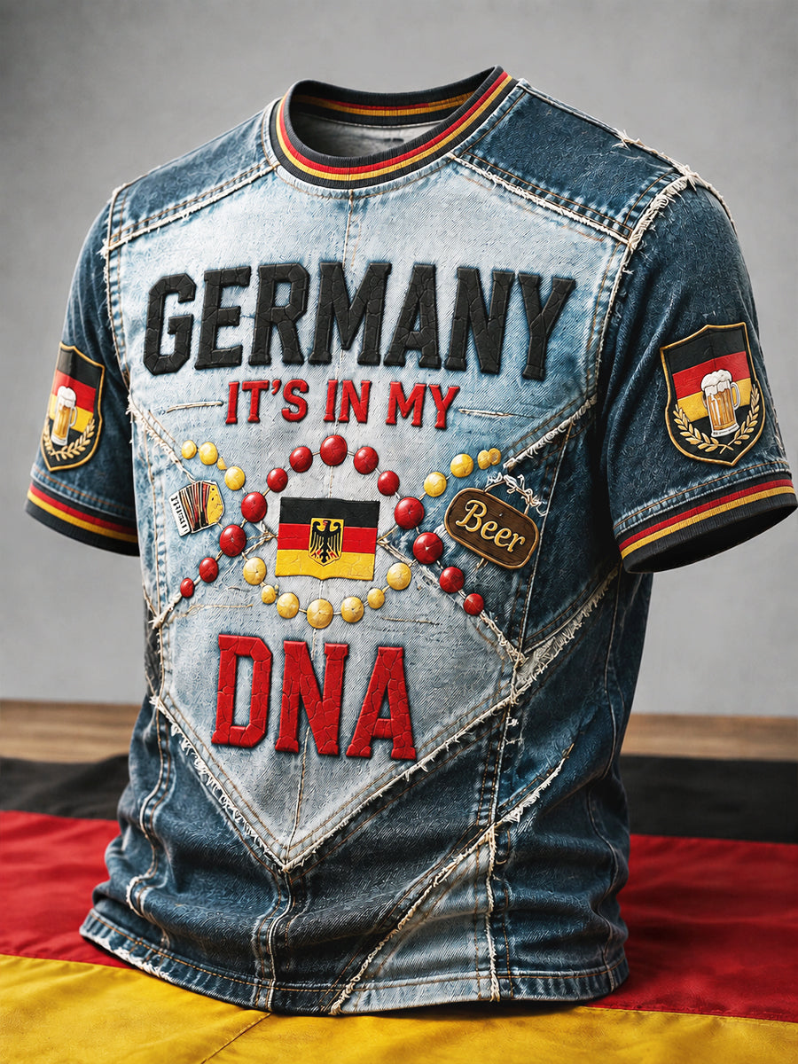 Herren-Vintage-Deutschland-Denim-Patchwork-Print-Lässiges T-Shirt