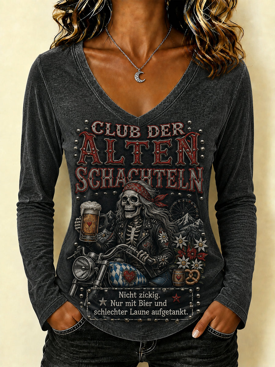 Frauen-Funny-Oktoberfest-Print T-Shirt mit V-Ausschnitt und langen Ärmeln