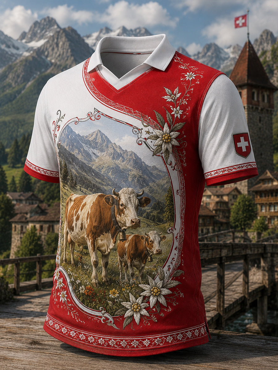 Kultursymbole des Schweizerischen Hirtenfestes für Herren – Künstlerischer Aufdruck auf lässigem T-Shirt