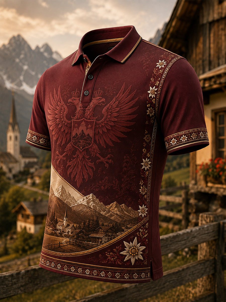 Herren-Polo im österreichischen Landhausstil mit Kunstdruck, lässig