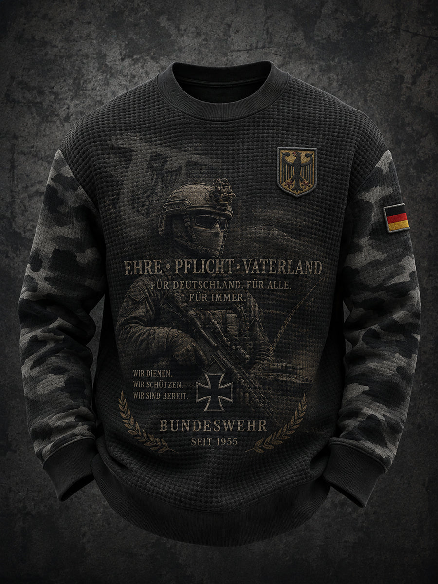 Herren-Waffelstrick-T-Shirt mit langen Ärmeln und Vintage-Print im Militärstil