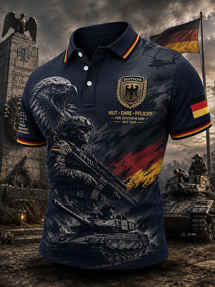 Herren-Poloshirt mit kurzen Ärmeln und vintage Militär-Print