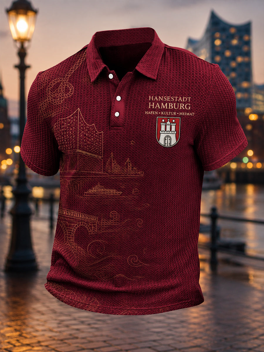 Herren-Poloshirt mit städtischem Grafik-Design, kurzärmelig und aus Waffelstrick