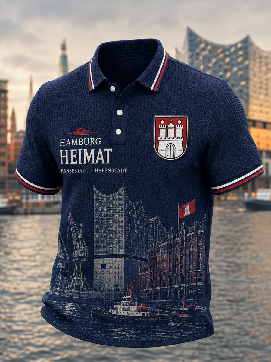 Herren-Poloshirt mit städtischem Grafik-Design, kurzärmelig und aus Waffelstrick