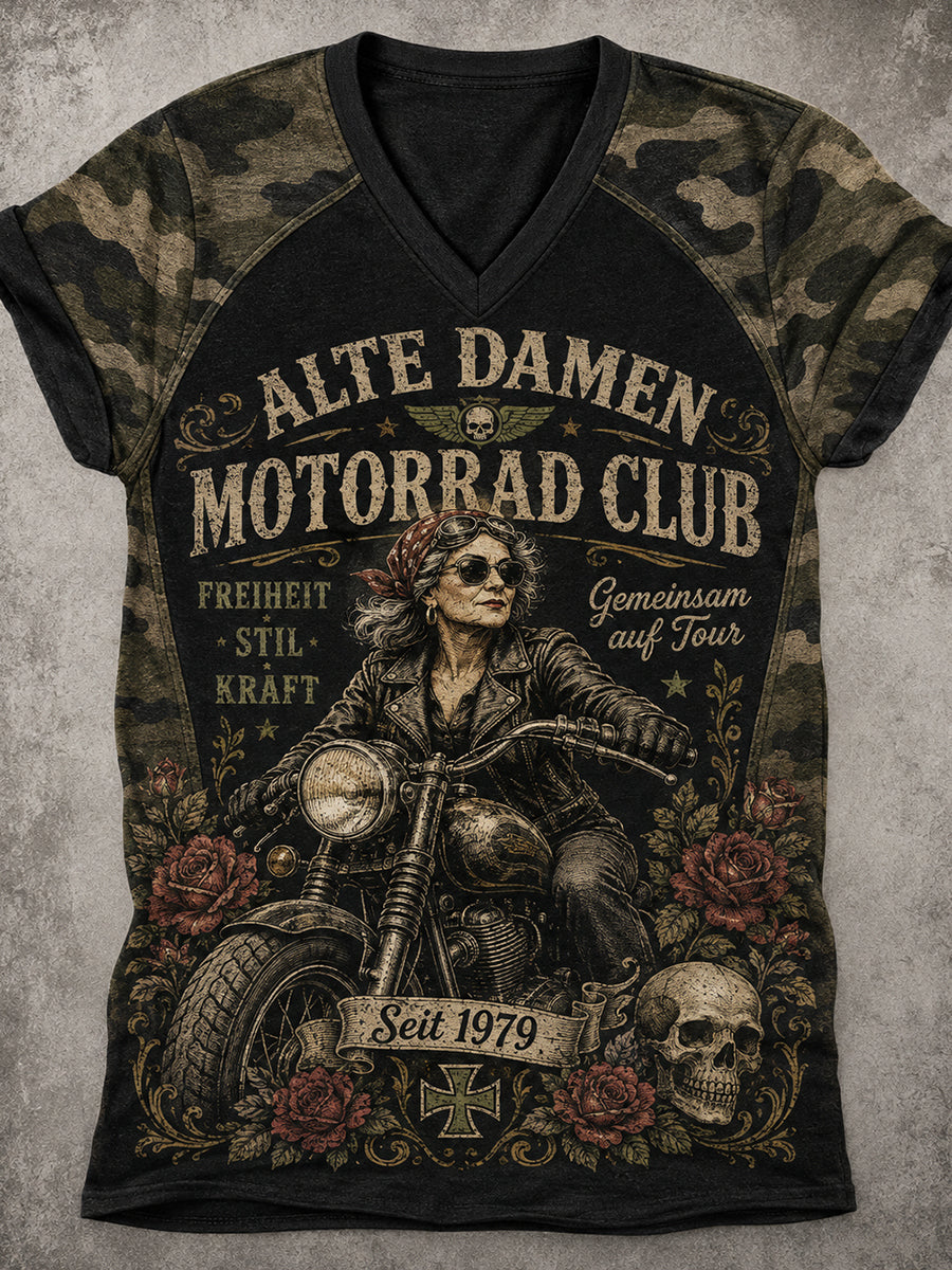 Damen-Kurzarm-T-Shirt mit V-Ausschnitt im Vintage-Stil