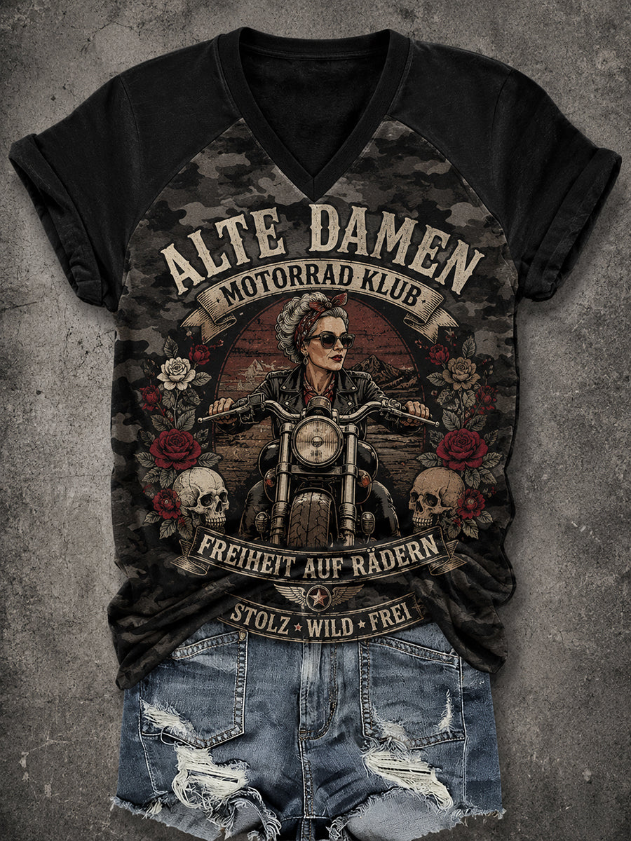 Damen-T-Shirt im Vintage-Stil mit gewaschener Optik, Slogan-Print, V-Ausschnitt und Raglan-Kurzärmeln