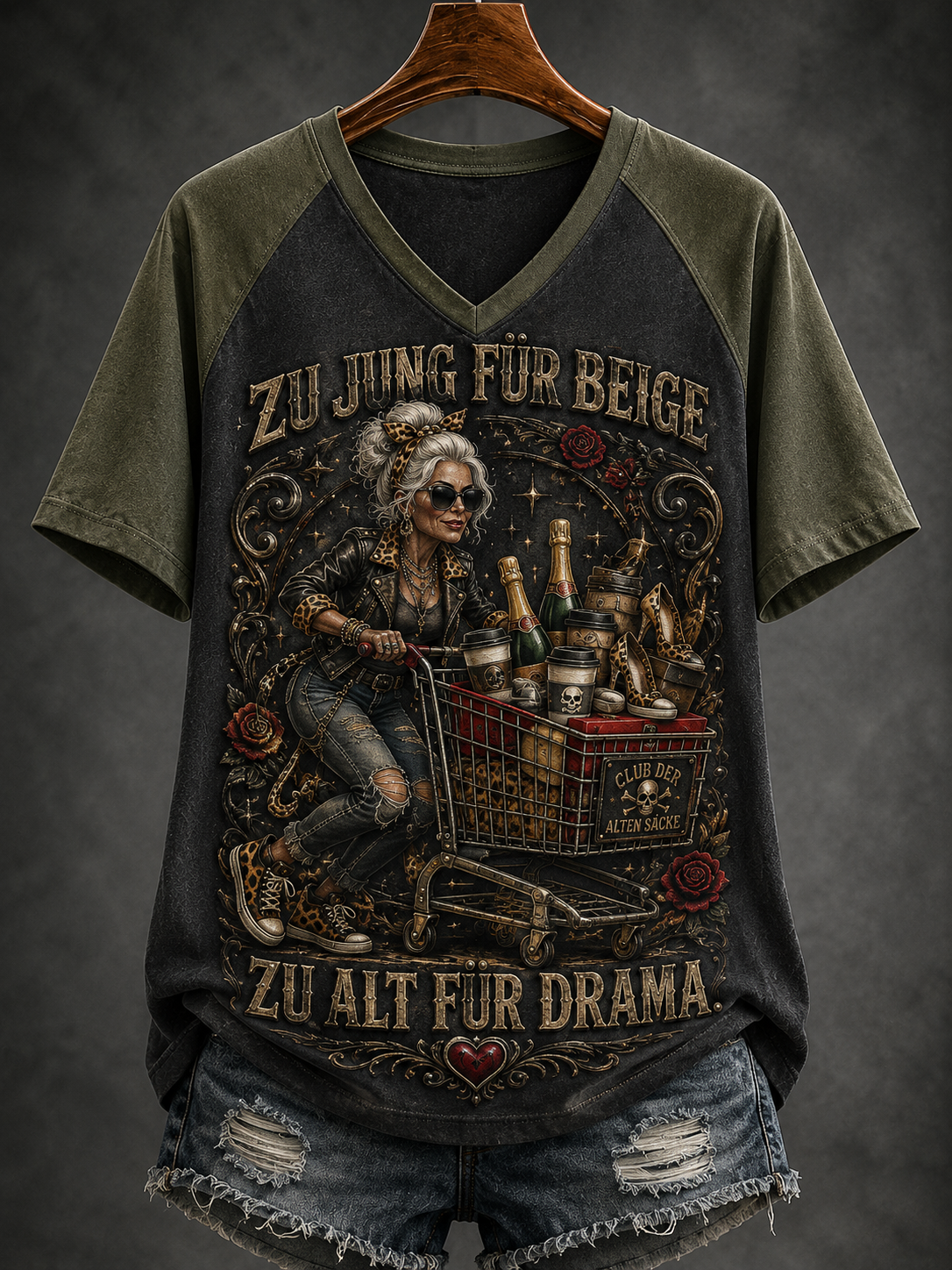 Kurzärmliges T-Shirt mit V-Ausschnitt für Damen humorvoll, schulter frei